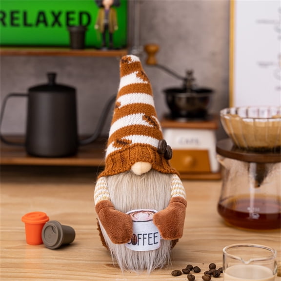 Coffee Gnome Plush Handmade Decorative Ornament With Knitted Hat & Coffee Cup, For Home Kitchen Tabletop Decoration And Office Desktop Accent, As A Gifting Option For Gnome