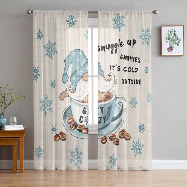 Coffee Gnome Snowflake Winter Chiffon Sheer Voile Curtains for Living