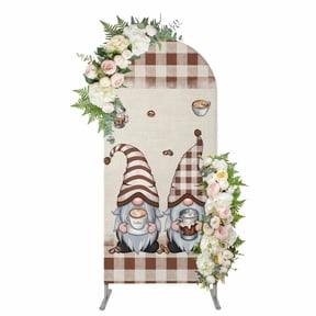 Coffee Gnomes Arch Backdrop Cover 4FT, Coffee Cups Beans Beige Plaid Spandex Fitted Stretchy Arch Stand Covers, Round Top Chiara Backdrop Cover for Wedding Party Birthday Baby Shower