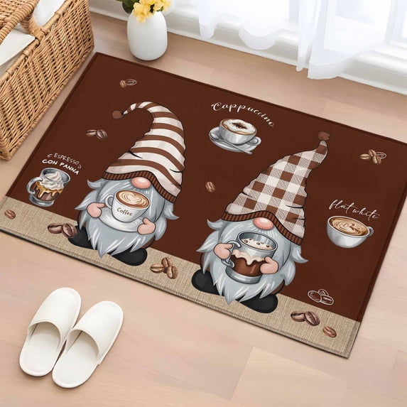 Coffee Gnomes Bathroom Rug Washable 2x3 Entryway Rug Non Slip Coffee Beans Cups Brown Front Door Mat Low Pile Indoor Doormat Throw Floor Carpet for Kitchen Bedroom Entrance
