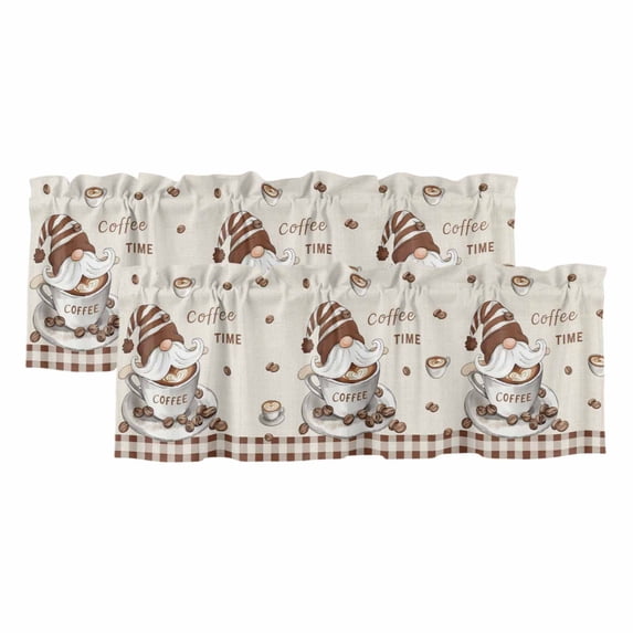 Coffee Gnomes Curtain Valances for Windows, Kitchen Valance Window Treatments Panel 2 Pack, Brown Buffalo Plaid Check Farmhouse Rod Pocket Short Curtains for Bathroom Bedroom 42 x 18 Inch