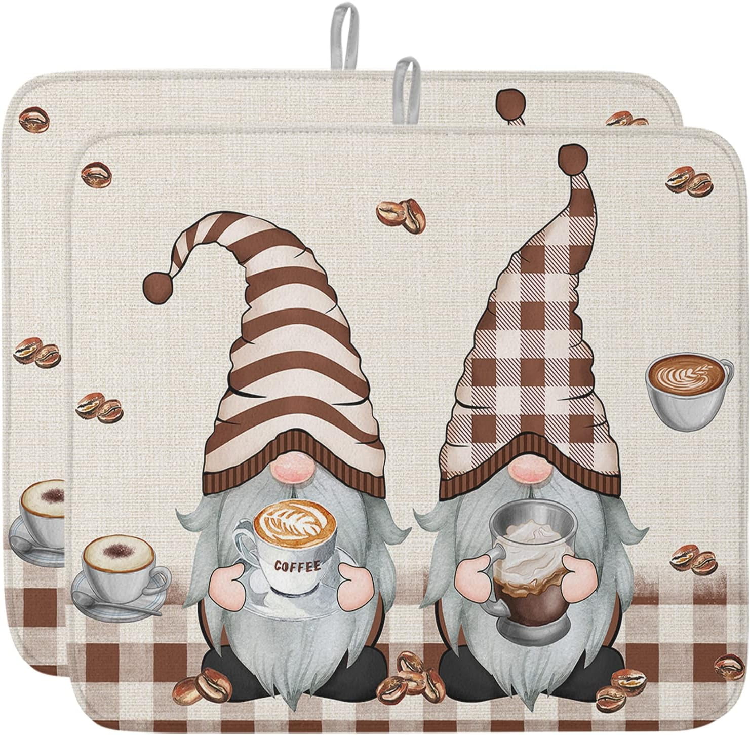 Coffee Gnomes Dish Drying Mat for Kitchen Counter, Retro Brown Plaid Coffee Beans Baby Bottle Microfiber Drying Pad, Absorbent Coffee Cup Dishes Drainer Mats 18"x24", 2 Pcs