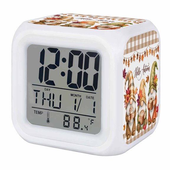 Coffee Gnomes Fall Digital Alarm Clock for Bedrooms,Smart LED Alarm Clock with 7 Color Changing Night Light,Thanksgiving Maple Autumn Brown Plaid Silent Wake Up Clocks for Sleep Study 3.2"x3.2"