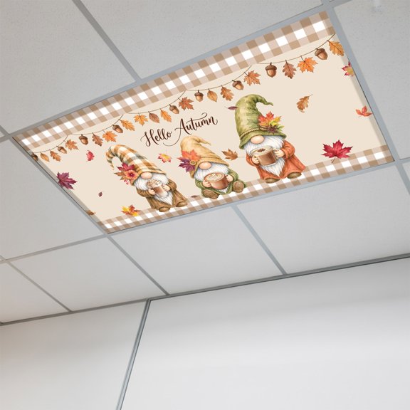 Coffee Gnomes Fall Magnetic Fluorescent Light Covers for Ceiling Lights 2x4 Ft,Thanksgiving Maple Retro Brown Plaid Office Kitchen Drop Ceiling Light Covers Lighting Filters Shade Panel 1 Pack