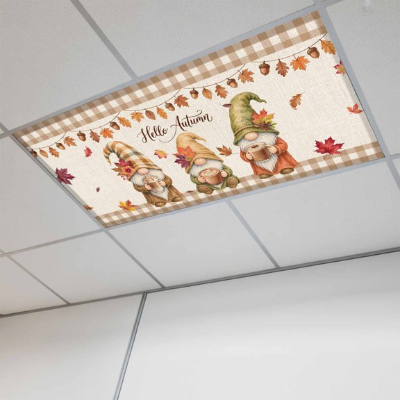 Coffee Gnomes Fall Magnetic Fluorescent Light Covers for Ceiling Lights 2x4 Ft,Thanksgiving Maple Rustic Brown Plaid Office Kitchen Drop Ceiling Light Covers Lighting Filters Shade Panel 1 Pack