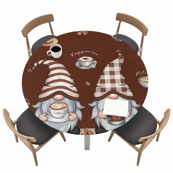 Coffee Gnomes Fitted Tablecloth with Elastic Edged, Round Table Cloth for Dining Table, Coffee Beans Cups Brown Waterproof Oil Proof Table Cover for Indoor Outdoor 55"-60"