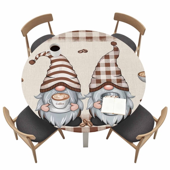 Coffee Gnomes Fitted Tablecloth with Elastic Edged, Round Table Cloth for Dining Table, Coffee Cups Beans Beige Plaid Waterproof Oil Proof Table Cover for Indoor Outdoor 36"-44"