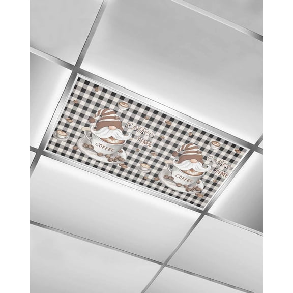Coffee Gnomes Fluorescent Light Covers for Ceiling Lights 4x2 feet,1 Pack Magnetic Light Filters for Classroom,Farmhouse Brown Bean Plaid Black Grey Fluorescent Light Shade Panel for Office School