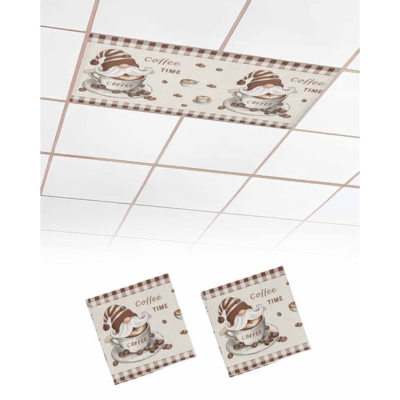 Coffee Gnomes Fluorescent Light Covers for Ceiling Lights 4x2 feet,2 Pack Magnetic Light Filters for Classroom,Farmhouse Brown Plaid Teacup Beans Fluorescent Light Shade Panel for Office School Drop