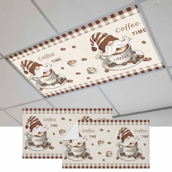 Coffee Gnomes Fluorescent Light Covers, Farmhouse Brown Plaid Teacup Beans Magnetic Light Covers for Ceiling Lights, Fluorescent Ceiling Shade Filters for Classroom Bedroom Office 4x2Ft x 2PCS