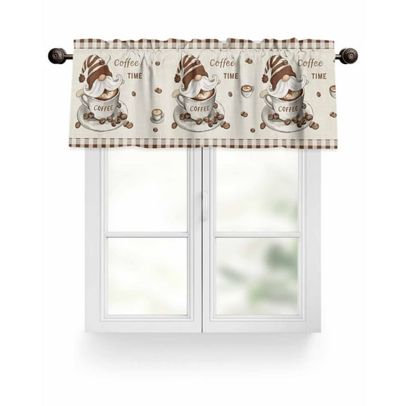 Coffee Gnomes Kitchen Valances for Windows Farmhouse Brown Plaid Valance Curtains for Kitchen /Living Room/Bedroom/ Bathroom Decor, 54"x18 " ,Rod Pocket 1 Panel,