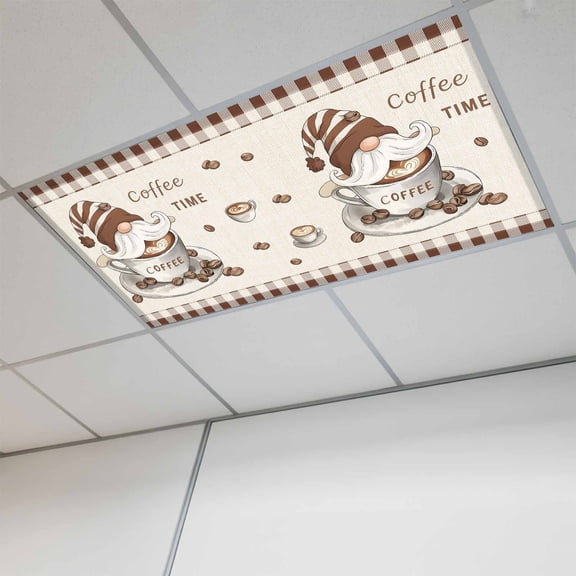 Coffee Gnomes Magnetic Fluorescent Light Covers for Ceiling Lights 2x4 Feet, Farmhouse Brown Plaid Teacup Beans Office Classroom Kitchen Drop Ceiling Light Covers Lighting Filters Shade Panel 1 Pack