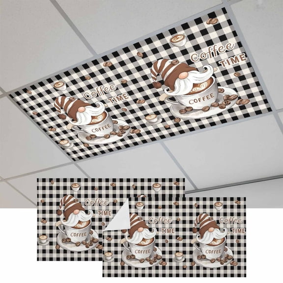 Coffee Gnomes Magnetic Fluorescent Light Covers for Ceiling Lights 2x4Ft, Farmhouse Brown Bean Plaid Black Grey Office Classroom Kitchen Drop Ceiling Light Covers Lighting Filters Shade Panel 2 Packs