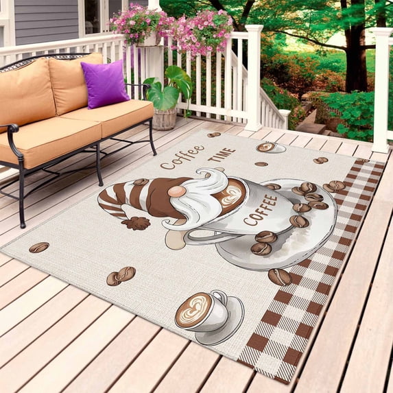 Coffee Gnomes Outdoor Rug for Patio/Deck/Porch, Non-Slip Large Area Rug 4 x 6 Ft, Brown Buffalo Plaid Check Farmhouse Indoor Outdoor Rugs Washable Area Rugs, Reversible Camping Rug Carpet Runner