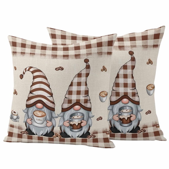 Coffee Gnomes Outdoor Waterproof Pillow Covers, Coffee Cups Beans Beige Plaid Decorative Square Throw Pillowcase Sofa Cushion Sham for Patio/Couch/Chair, 24"x24" 2 Pack