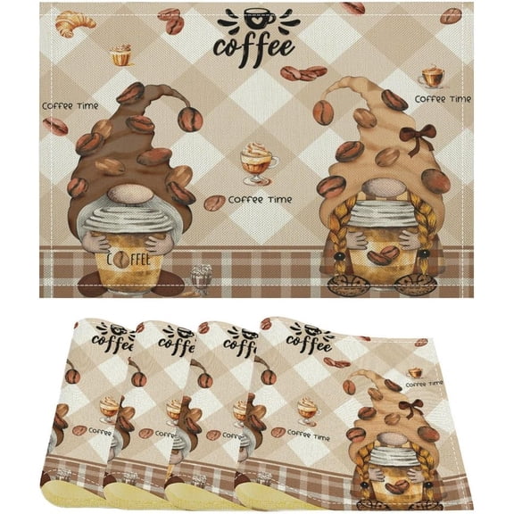 Coffee Gnomes Placemats Cute Brown Fashionable Checkered Cartoon Bow Design for Kitchen Dining Room Cafe Decor 4PCS