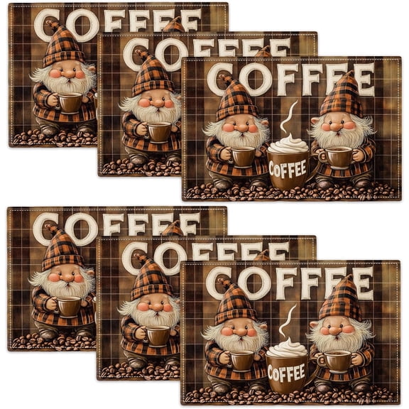 Coffee Gnomes Placemats Set of 6, Cafe Station Table Mats, Washable Place Mats for Coffee Bar Home Party Indoor Kitchen Dining Table Decor 12x18 Inch