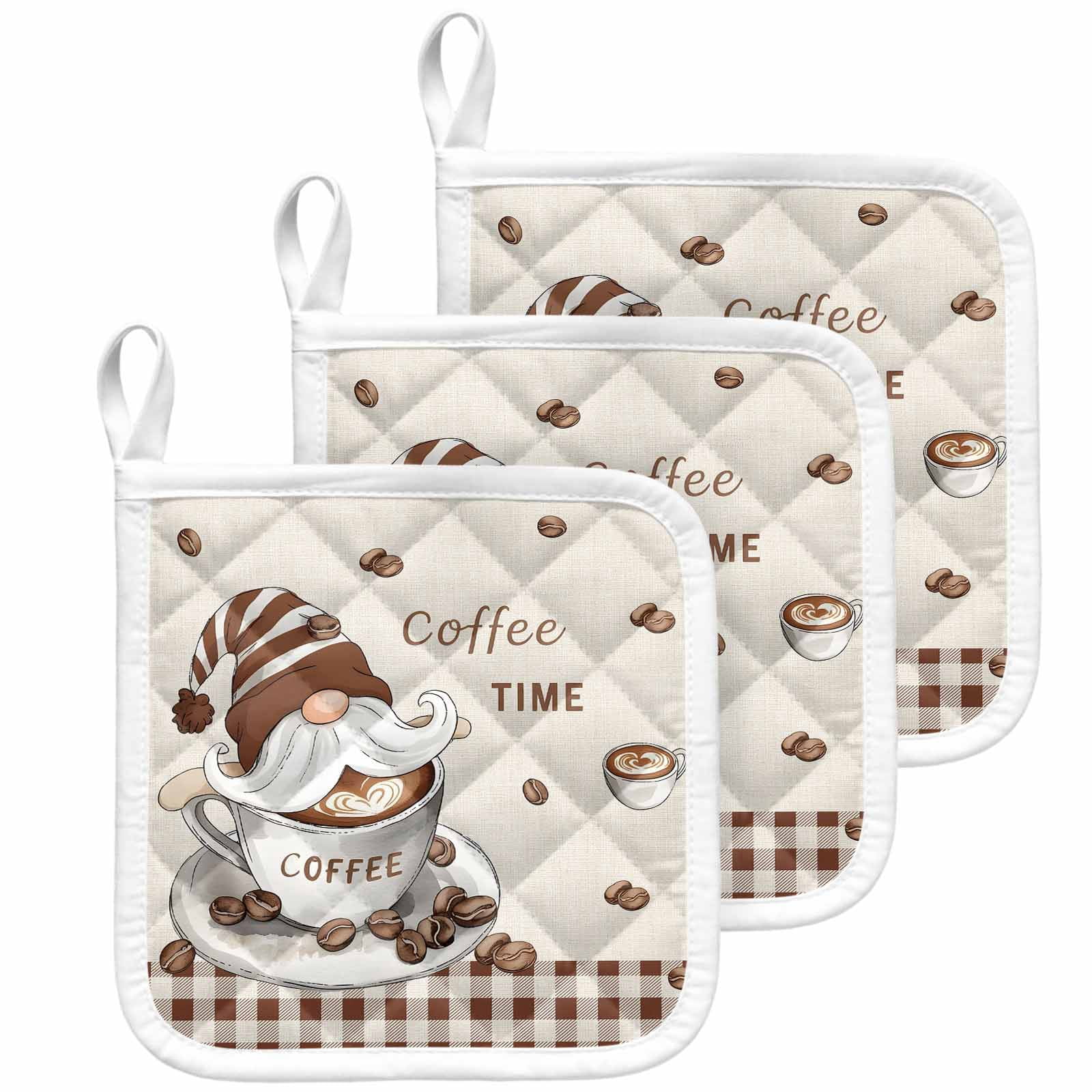 Coffee Gnomes Pot Holders for Kitchen Heatproof Potholder, 3 Pack Brown Buffalo Plaid Check Farmhouse Hot Pads Multipurpose Oven Pads Cloth Potholders Trivet for Cooking Baking