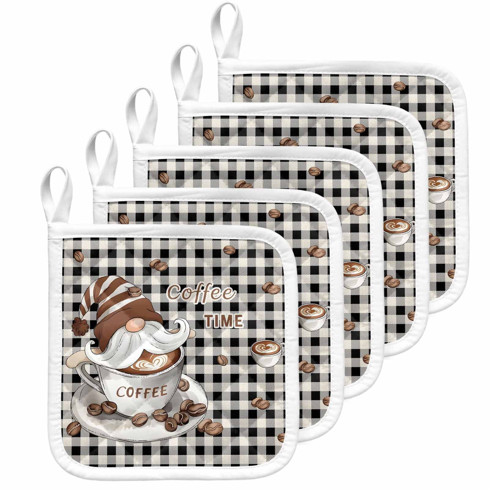 Coffee Gnomes Pot Holders for Kitchen Heatproof Potholder, 5 Pack Farmhouse Brown Bean Plaid Black Grey Hot Pads Multipurpose Oven Pads Cloth Potholders Trivet for Cooking Baking