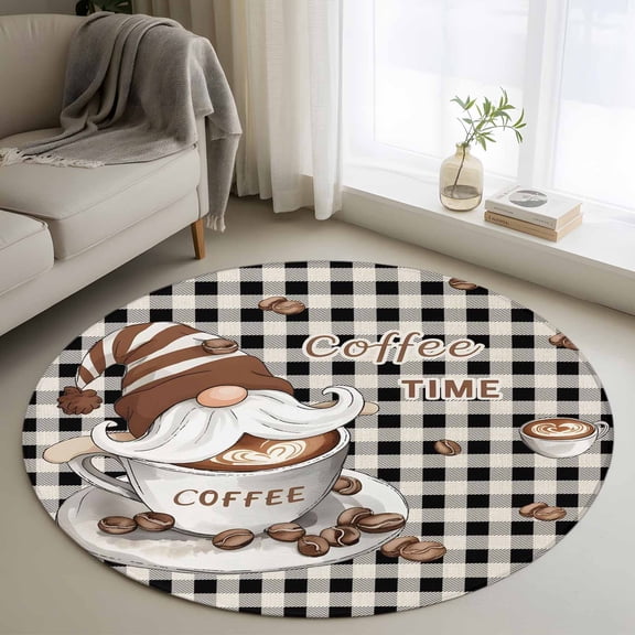 Coffee Gnomes Round Area Rug 3.3 FT, Non Slip Small Entryway Kitchen Mat, Farmhouse Brown Bean Plaid Black Grey Washable Soft Circular Rug Non-Shedding Door Mat for Bathroom Playroom Kids Room