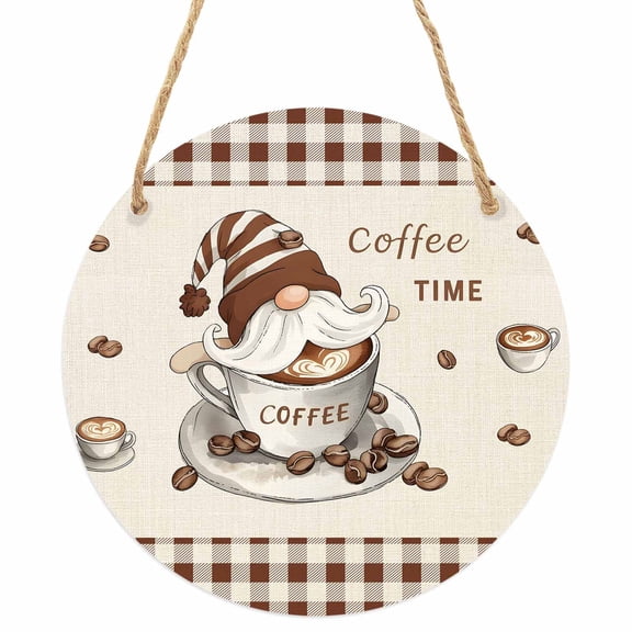 Coffee Gnomes Round Front Door Welcome Sign, 5.9 Inch Wall Hanging Decor for Indoor Outdoor, Farmhouse Brown Plaid Teacup Beans Home Porch Hanger Decorations for Holiday Gift
