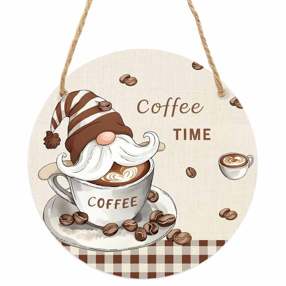 Coffee Gnomes Round Front Door Welcome Sign, 7.8 Inch Wall Hanging Decor for Indoor Outdoor, Brown Buffalo Plaid Check Farmhouse Home Porch Hanger Decorations for Holiday Gift