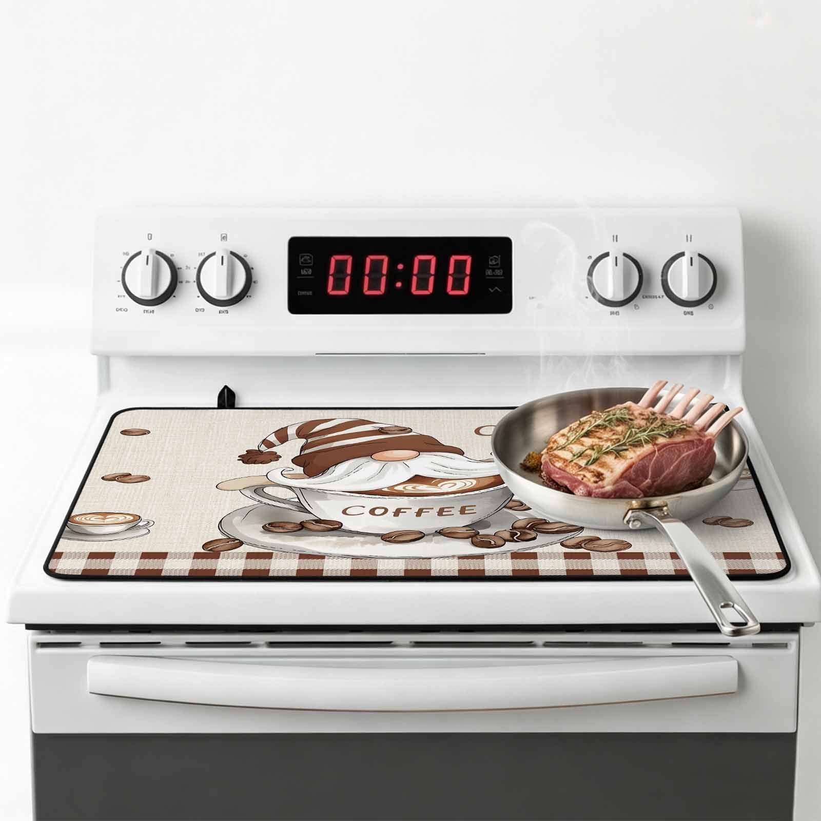Coffee Gnomes Stove Top Cover for Electric Stove, Heat-proof & Non Slip Glass Top Stove Cover Protector, Brown Buffalo Plaid Check Farmhouse Kitchen Flat Cooktop Rubber Mat 28.5x20.5 Inches
