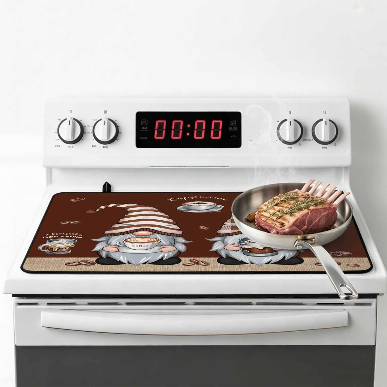 Coffee Gnomes Stove Top Cover for Electric Stove, Heat-proof & Non Slip Glass Top Stove Cover Protector, Coffee Beans Cups Brown Kitchen Flat Cooktop Rubber Mat 24x21 Inches