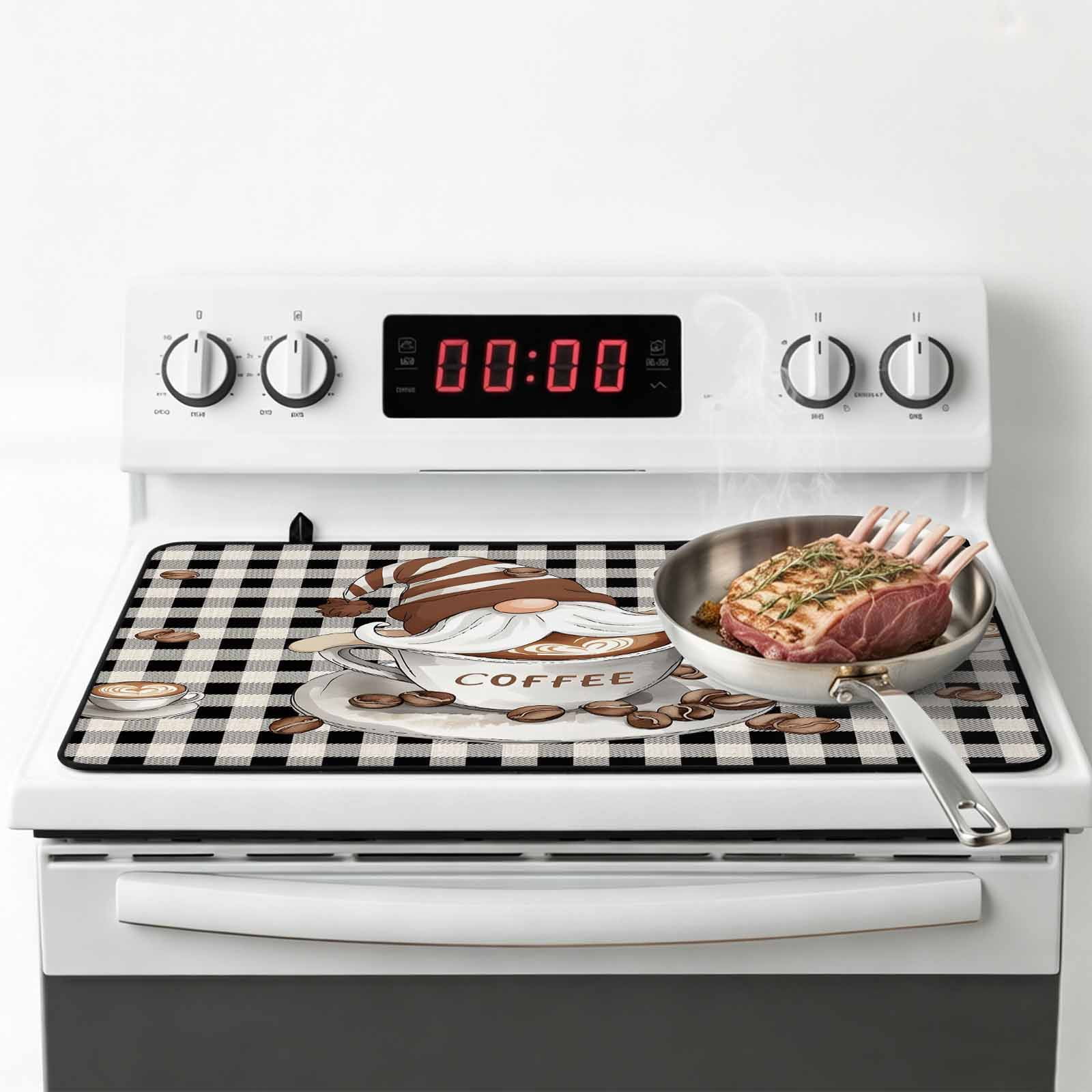 Coffee Gnomes Stove Top Cover for Electric Stove, Heat-proof & Non Slip Glass Top Stove Cover Protector, Farmhouse Brown Bean Plaid Black Grey Kitchen Flat Cooktop Rubber Mat 24x21 Inches