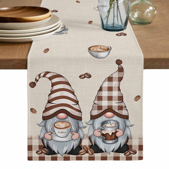 Coffee Gnomes Table Runner, Coffee Cups Beans Beige Plaid Washable Cotton Linen Table Runners 36 Inches Long, Dresser Scarf Runner for Nightstand/End Tables/Round Tables 13''x36''