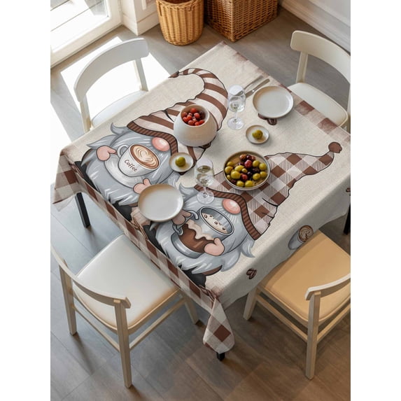 Coffee Gnomes Tablecloth Square Table Cloth 60x60, Waterproof Outdoor Table Cloth Covers Decorative Table Protector, Coffee Cups Beans Beige Plaid Washable Table Cover for Kitchen Dinning Party