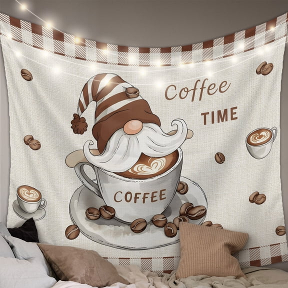 Coffee Gnomes Tapestry for Bedroom Wall Hanging Tapestry, Farmhouse Brown Plaid Teacup Beans Ceiling Backdrop Tapestries Poster Blanket Wall Decor for Teens Room Living Room Dorm 55" x 73"