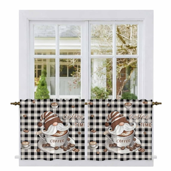Coffee Gnomes Tier Curtains, Farmhouse Brown Bean Plaid Black Grey Light Filtering Kitchen Curtains, 2Pcs Rod Pocket Half Window Treatments Panels for Sink Cafe Cabinet Camper 27.5x24 Inches