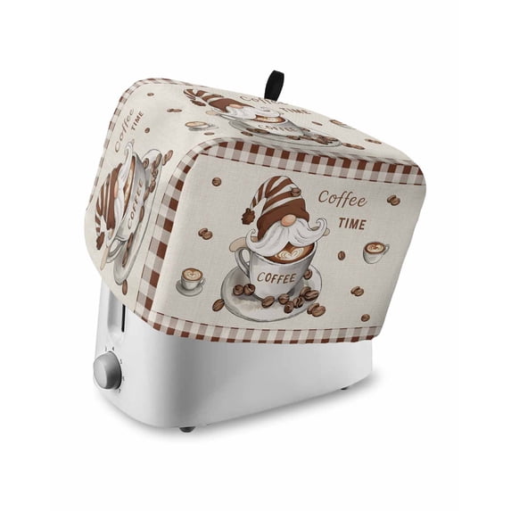 Coffee Gnomes Toaster Cover 2 Slice, Small Kitchen Appliance Covers, Farmhouse Brown Plaid Teacup Beans Toaster Oven Cover with Loop, Bread Machine Cover Polyester Dust Cover Protection