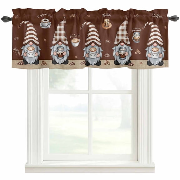 Coffee Gnomes Valances for Windows Farmhouse Kitchen Curtains Valances Rod Pocket Valance Curtains for Kitchen Windows Coffee Beans Cups Brown Window Valances for Bathroom Bedroom 54"x18"