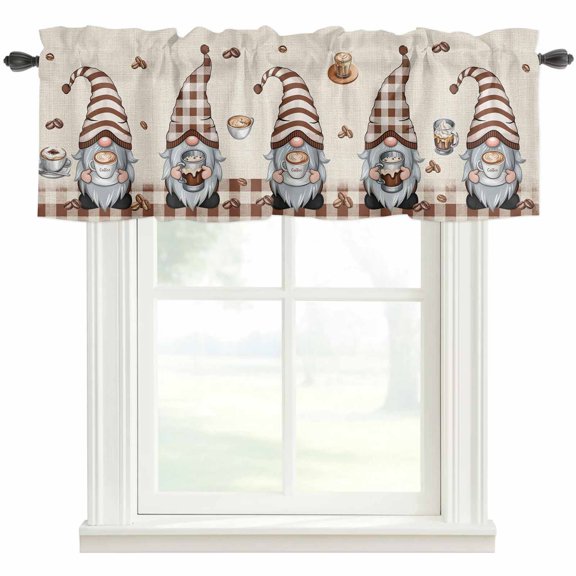 Coffee Gnomes Valances for Windows Farmhouse Kitchen Curtains Valances Rod Pocket Valance Curtains for Kitchen Windows Coffee Cups Beans Beige Plaid Window Valances for Bathroom Bedroom 42"x12"