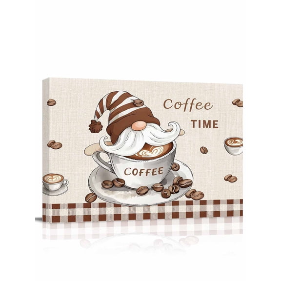 Coffee Gnomes Wall Art for Living Room,Canvas Picture Wall Decor for Bathroom Bedroom,Brown Buffalo Plaid Check Farmhouse Painting Artwork for Office Kitchen Hallway Dining Room Home Decor 12"x16"