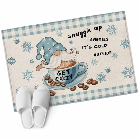 Coffee Gnomes Washable Area Rug 2 x 3 ft Winter Cold Snowflakes Blue Plaid Retro Linen, Soft Non Slip Rugs Stain Repellent Indoor Felt Carpet for Living Dining Room Bedroom Home Office