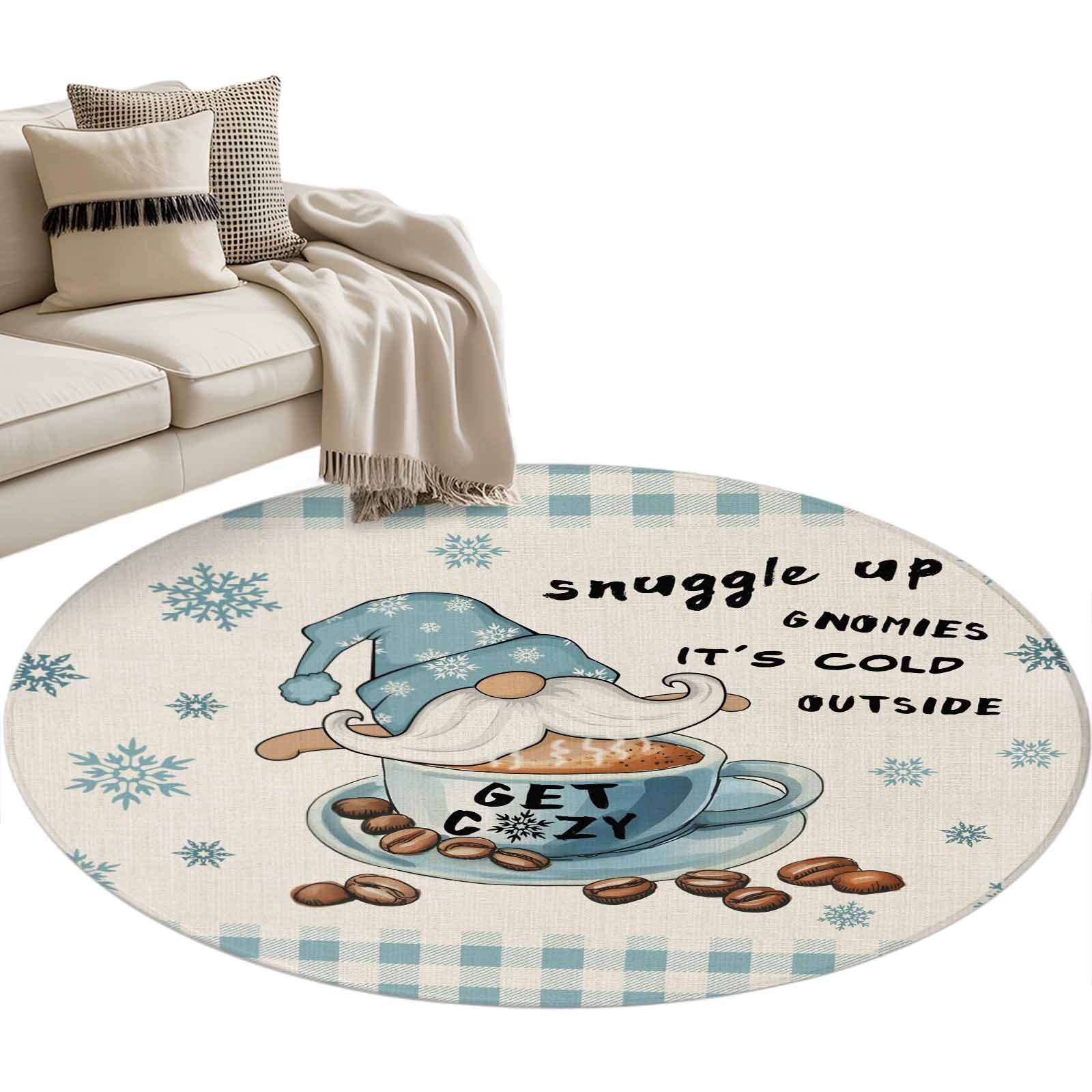 Cold Town Rug Coffee Gnomes Washable Round Area Rug 4 ft, Winter Cold Snowflakes Blue ...