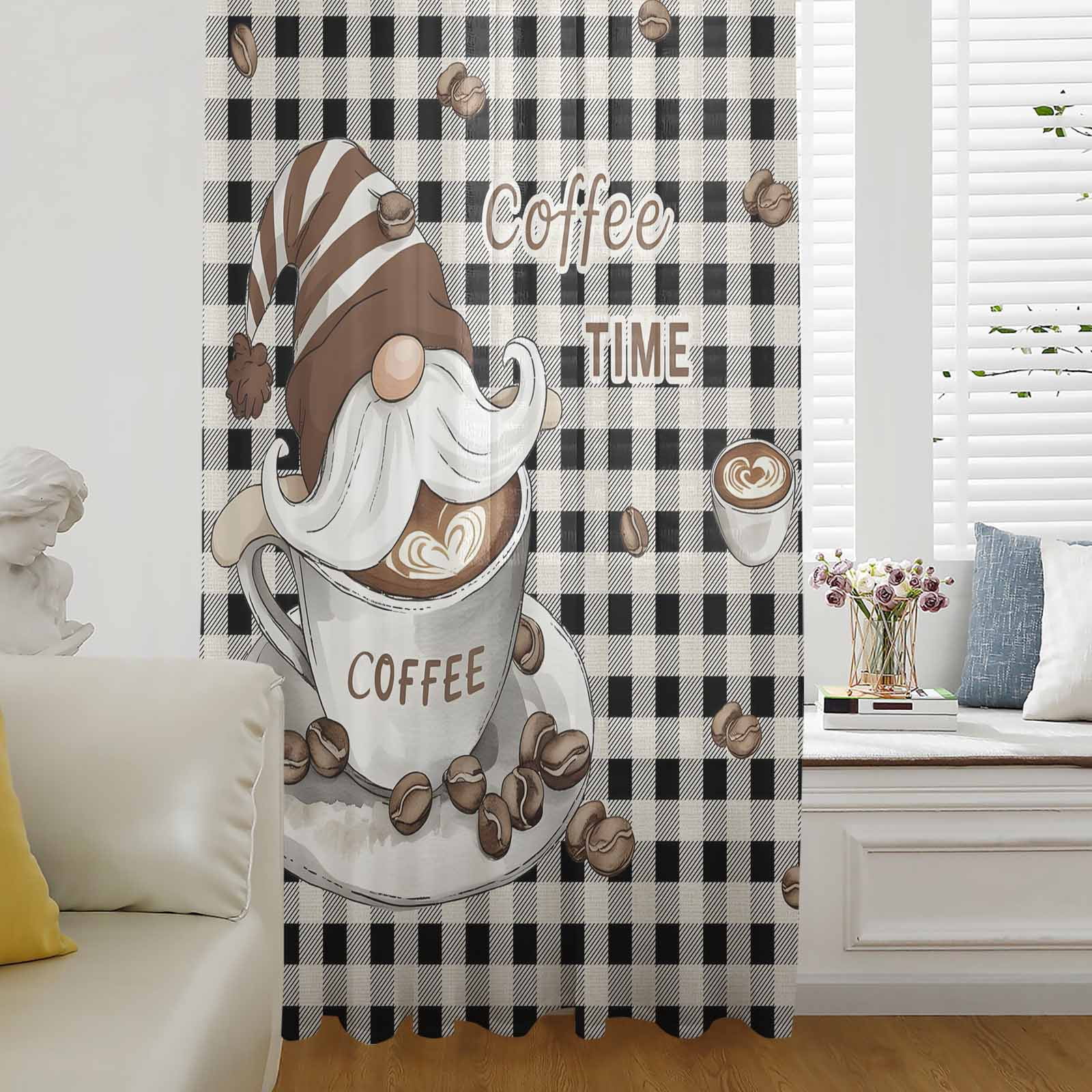 Coffee Gnomes Window Curtain 108 Inches Long,Farmhouse Brown Bean Plaid
