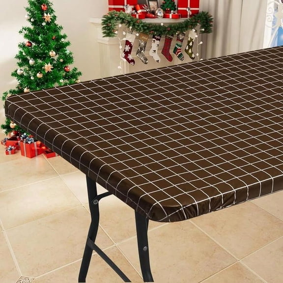 Coffee Grid Pattern Vinyl Tablecloth, Elastic Fitted Flannel Backed Cover For 6ft Folding Tables, Waterproof Indoor Outdoor Use