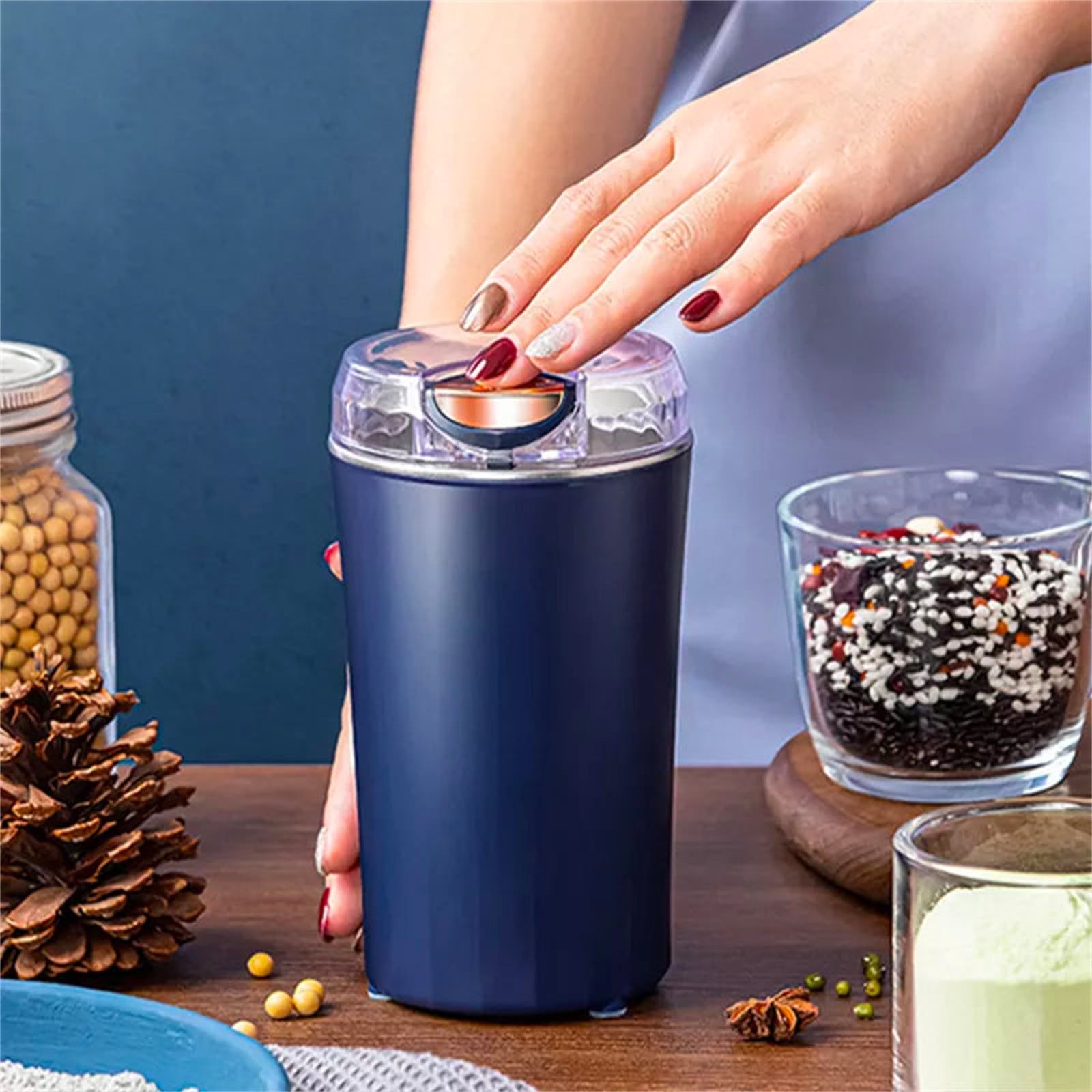 Coffee Grinder Electric, Spice Grinder, Coffee Bean Herb Grinder with Integrated Brush Spoon, One-touch Push-Button Stainless Steel Grinding for Herb Peanut Grains Beans