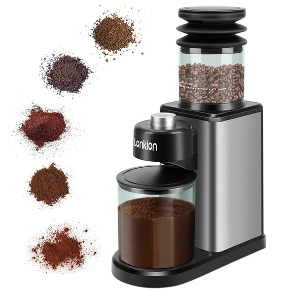 Coffee Grinder, Lonkion Conical Burr Coffee Grinder with 25 Grind Settings for 12 Cups, Home Use, Big Capacity Design, Stainless Steel