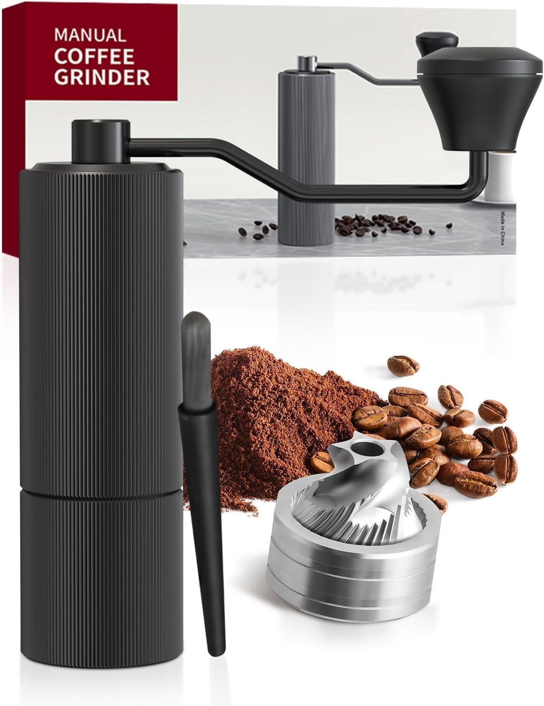 Coffee Grinder, Manual Coffee Grinders, Hand Coffee Bean Grinder Small, Portable CNC Stainless Steel Burr Coffee Grinder with Crank for Espresso, Travel, Camping, Kitchen & Office, Pour Over (Black)