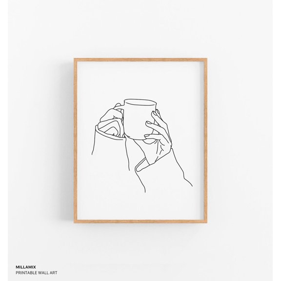 Coffee Hands Line Art Print, Minimalist Wall Decor Unframed Paper Print