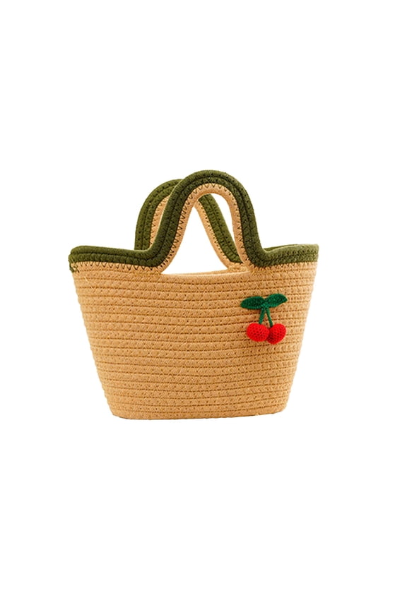 Coffee Handwoven Cotton Rope Bag With Cherry Design, Summer Tote For Beach And Shopping, Natural Fiber For Casual Outings