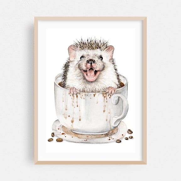 Coffee Hog - Painting Humor Animal Coffee Kitchen Decor Oak Framed Wall Art Print 30 x 40 inches