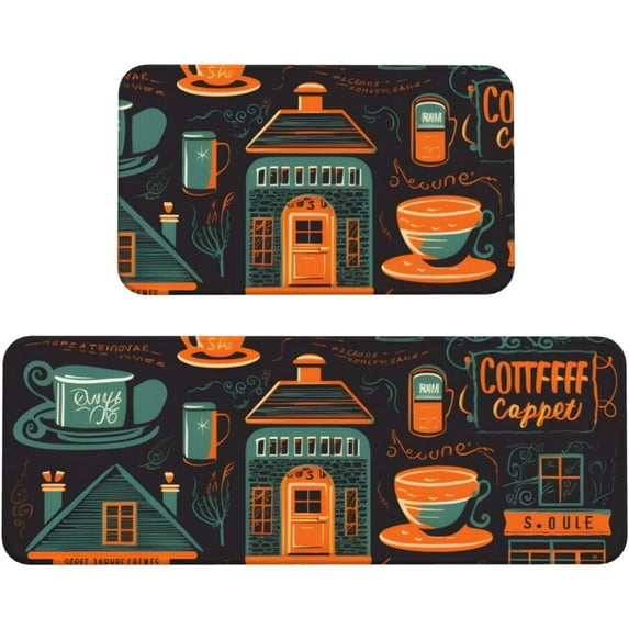 Coffee House Kitchen Mats for Floor, Vintage Kitchen Rug Runner Non-Slip Kitchen Mats and Rugs 2PCS Absorbent Standing Mats for Office Desk Sink