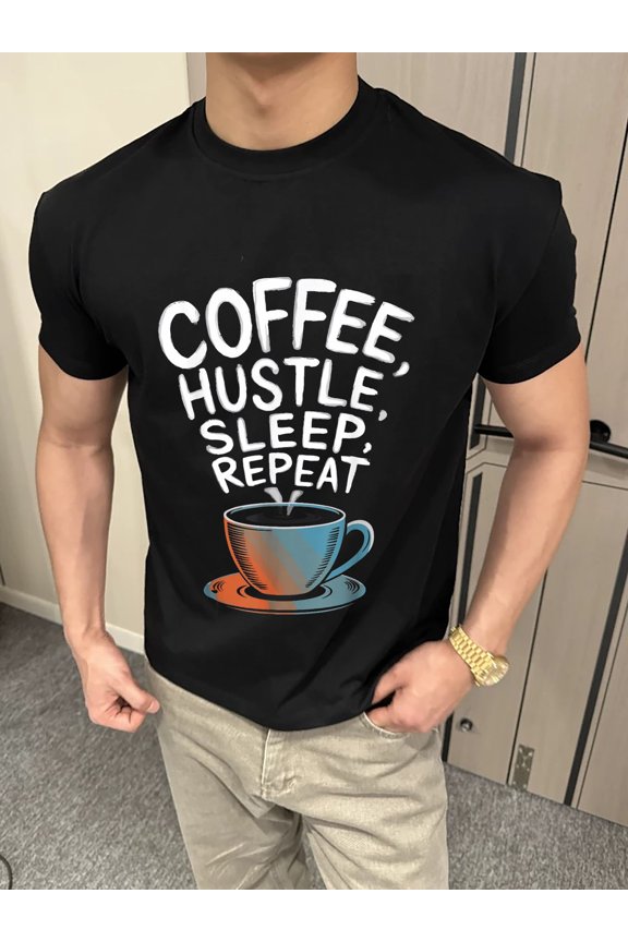 Coffee Hustle Sleep Repeat Graphic T Shirt Trendy Casual Wear Black Tee with Colorful Coffee Cup Design Perfect for Coffee Lovers and Hustlers