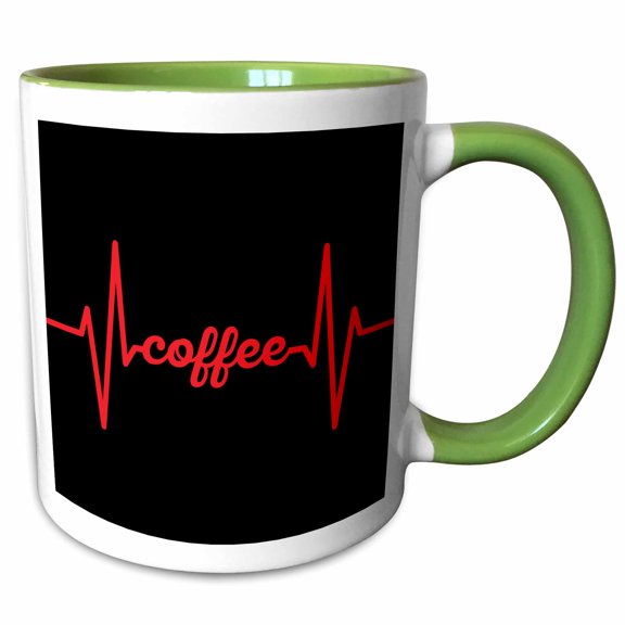 3drose, Coffee in Red Cursive Inside Heartbeat Symbol on Black Background., 11oz Two-tone Green Mug